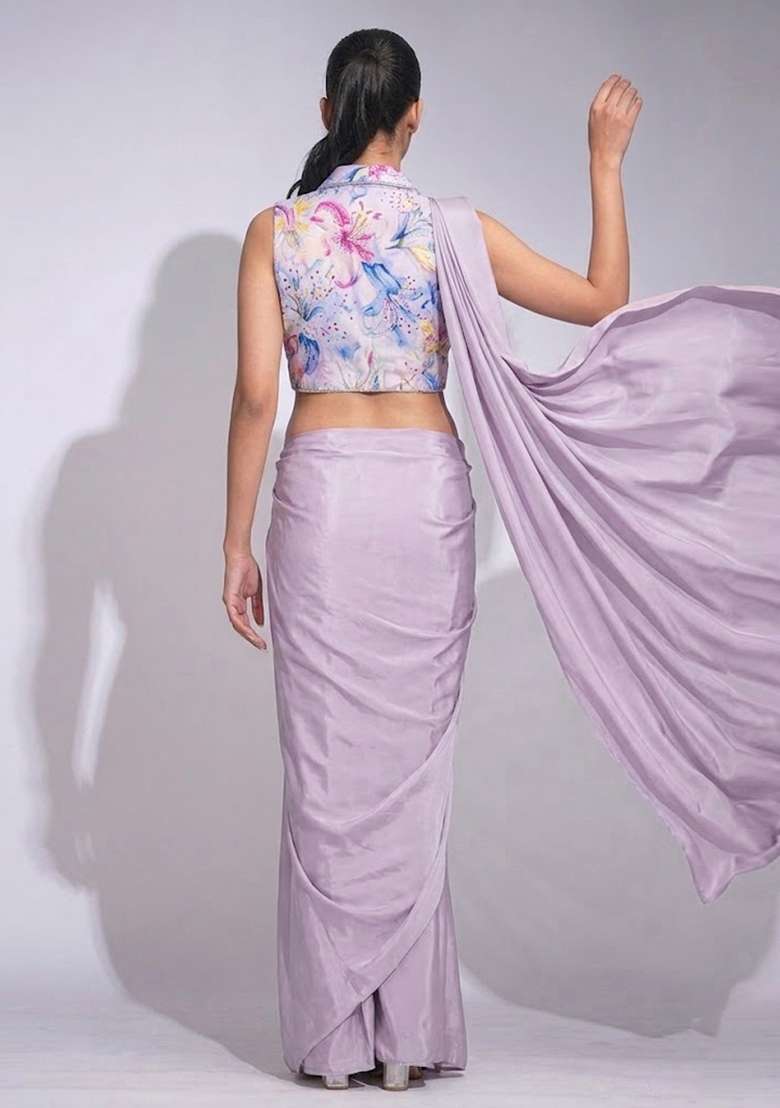 Lilac Printed Organza Pre Draped Saree Set - Indya
