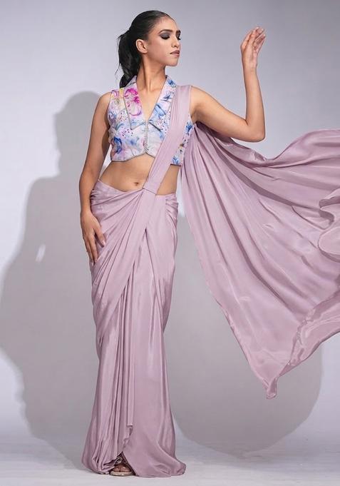Dusty Rose Printed Organza Pre Draped Saree Set