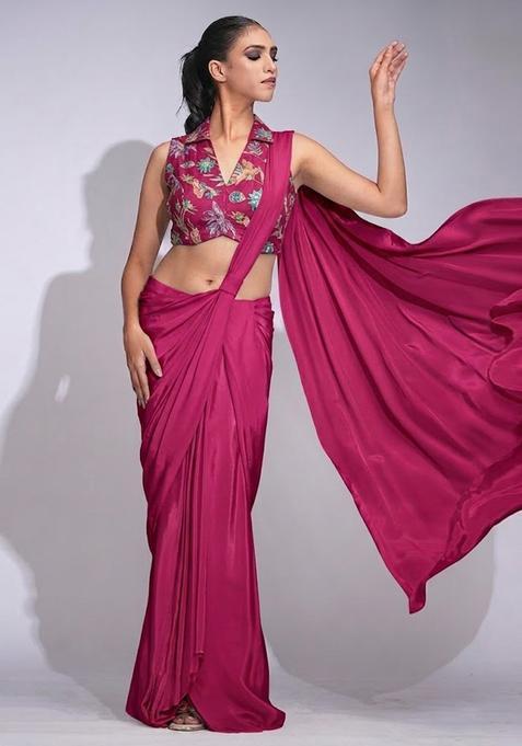 Magenta Pink Printed Crepe Pre Draped Saree Set