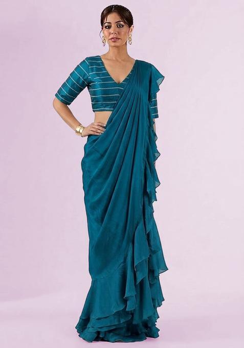 Blue Embroidered Organza Pre Draped Saree Set