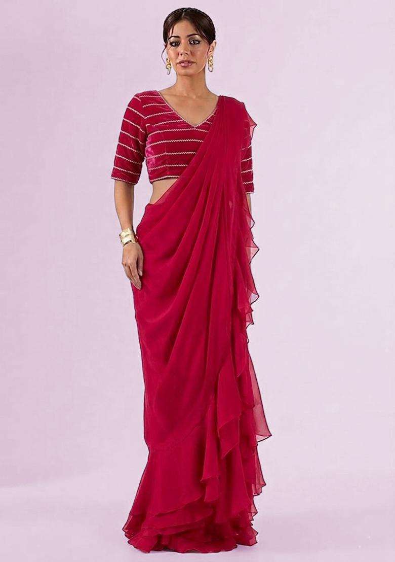 Rani Pink Embroidered Organza Pre Draped Saree Set - Indya