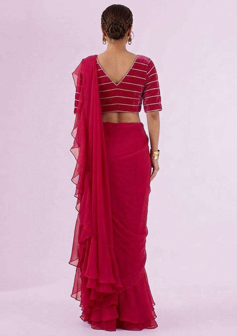 Rani Pink Embroidered Organza Pre Draped Saree Set - Indya