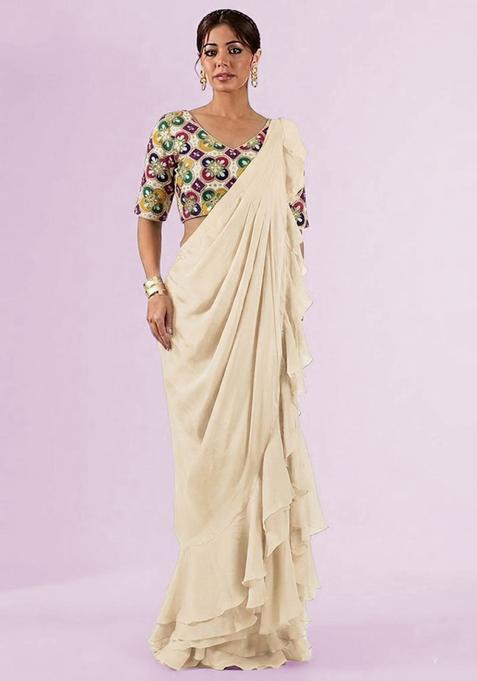 Cream Printed Crepe Pre Draped Saree Set