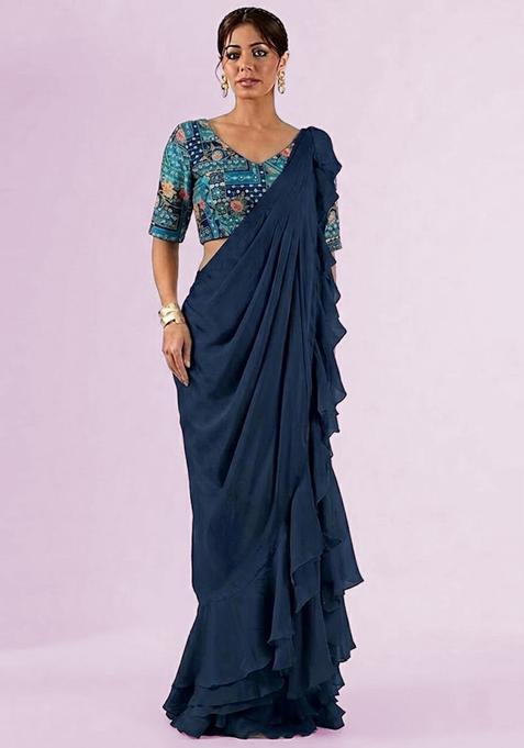 Navy Blue Printed Crepe Pre Draped Saree Set