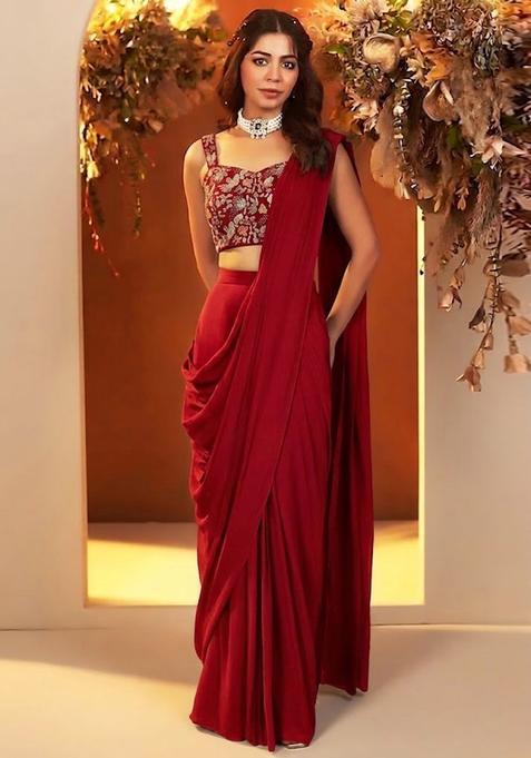 Crimson Embroidered Crepe Pre Draped Saree Set