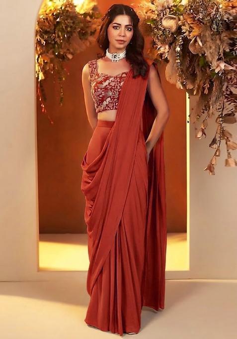 Orange Embroidered Crepe Pre Draped Saree Set