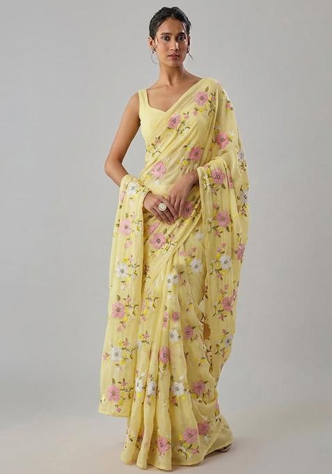 Yellow Embroidered Chanderi Pre Draped Saree Set