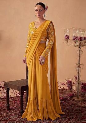 Mustard Yellow Embroidered Net Pre Draped Saree Set