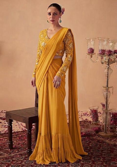 Mustard Yellow Embroidered Net Pre Draped Saree Set