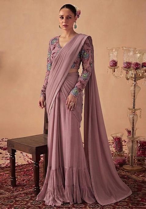Mauve Sequin Organza Pre Draped Saree Set