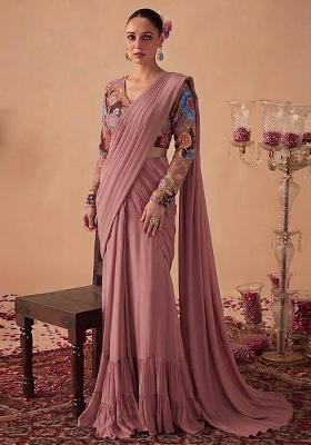 Dusty Rose Printed Crepe Pre Draped Saree Set