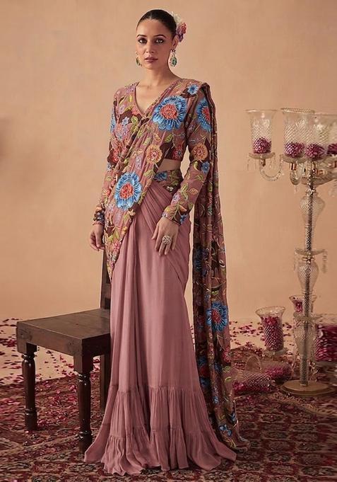 Dusty Rose Printed Crepe Pre Draped Saree Set