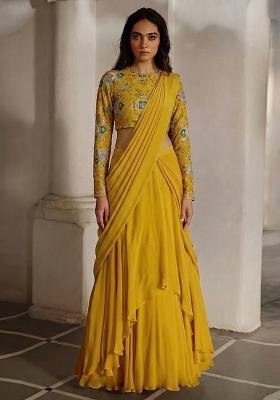 Mustard Yellow Printed Crepe Lehenga Set