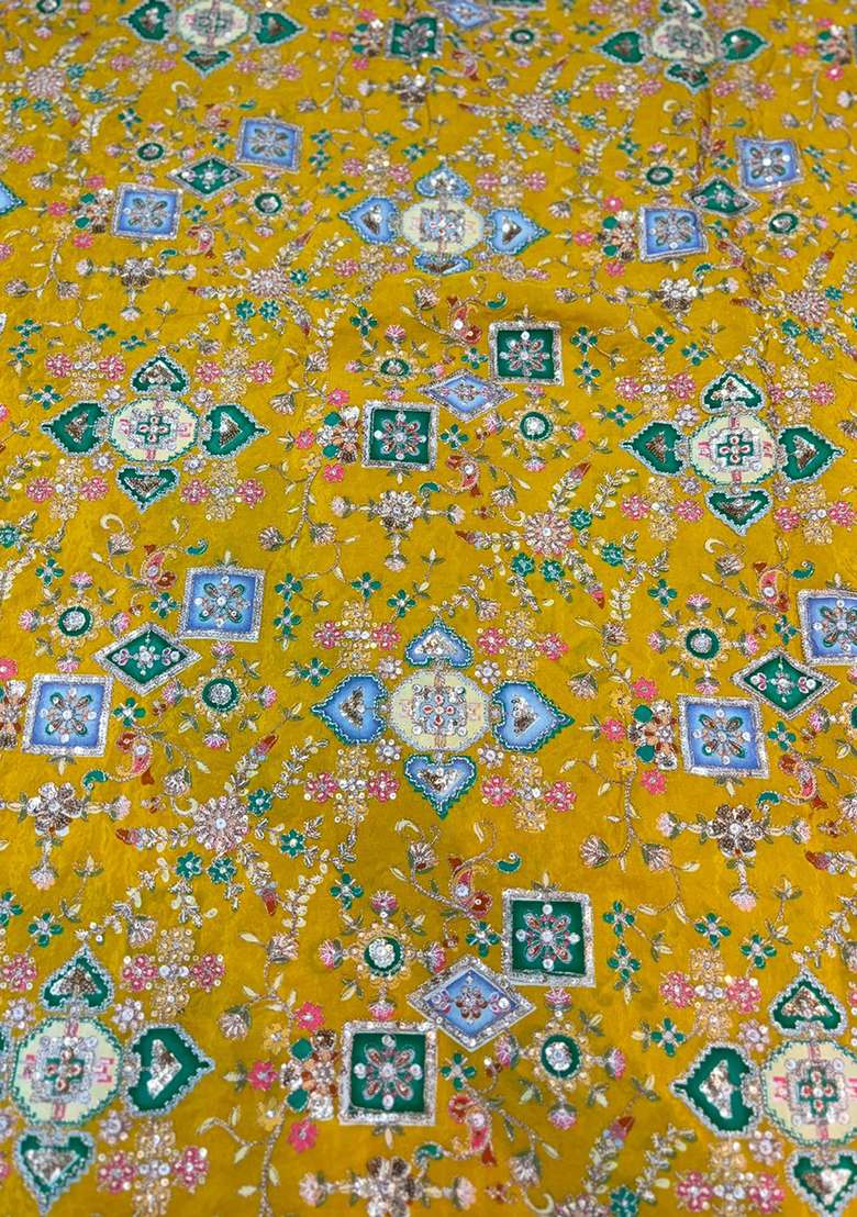 Mustard Yellow Printed Crepe Lehenga Set - Indya
