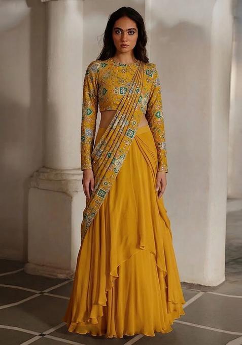 Mustard Yellow Printed Crepe Lehenga Set