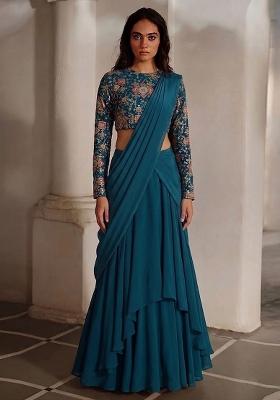 Blue Printed Crepe Lehenga Set