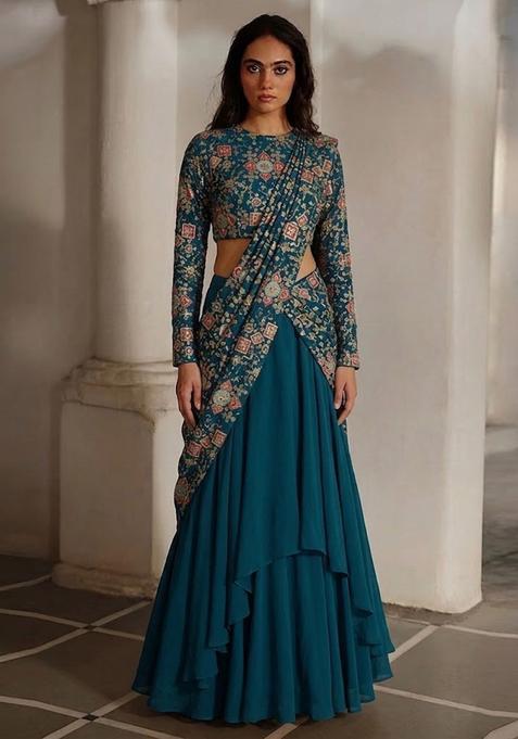 Blue Printed Crepe Lehenga Set