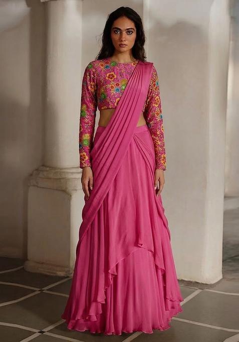 Pink Embroidered Crepe Lehenga Set