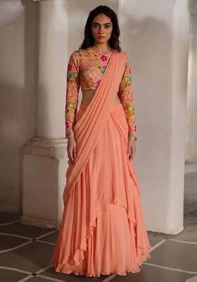 Peach Embroidered Crepe Lehenga Set