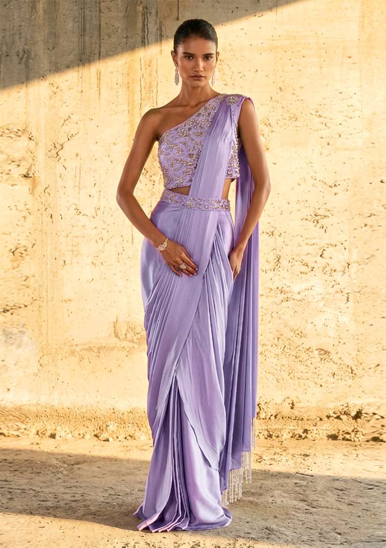 Lavender Purple Handwork Pre Draped Saree Set - Indya