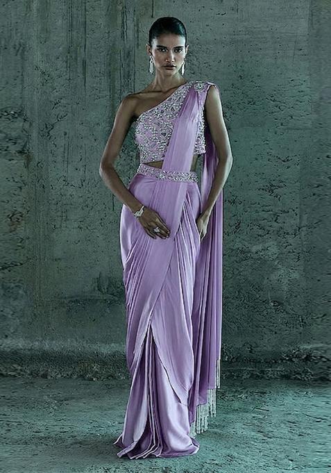 Lavender Purple Handwork Pre Draped Saree Set
