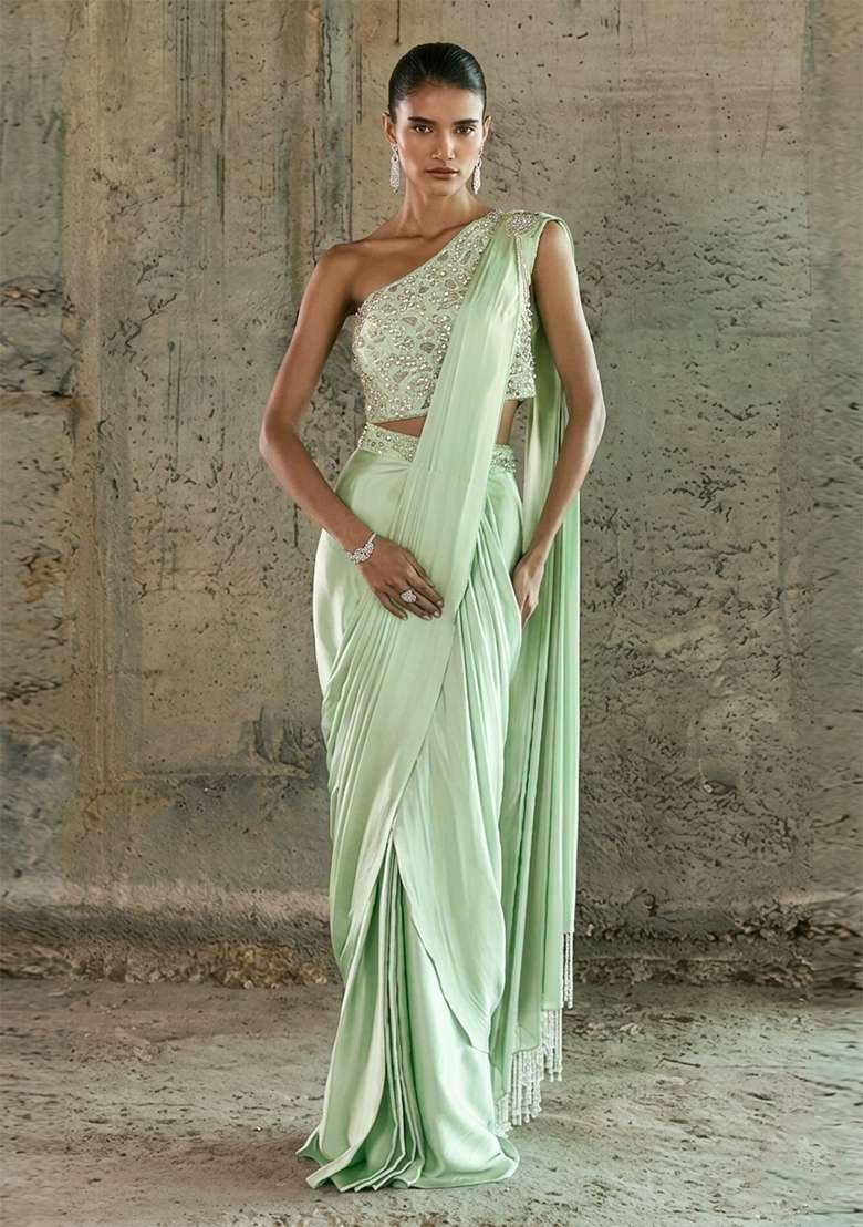 Mint Green Handwork Pre Draped Saree Set - Indya