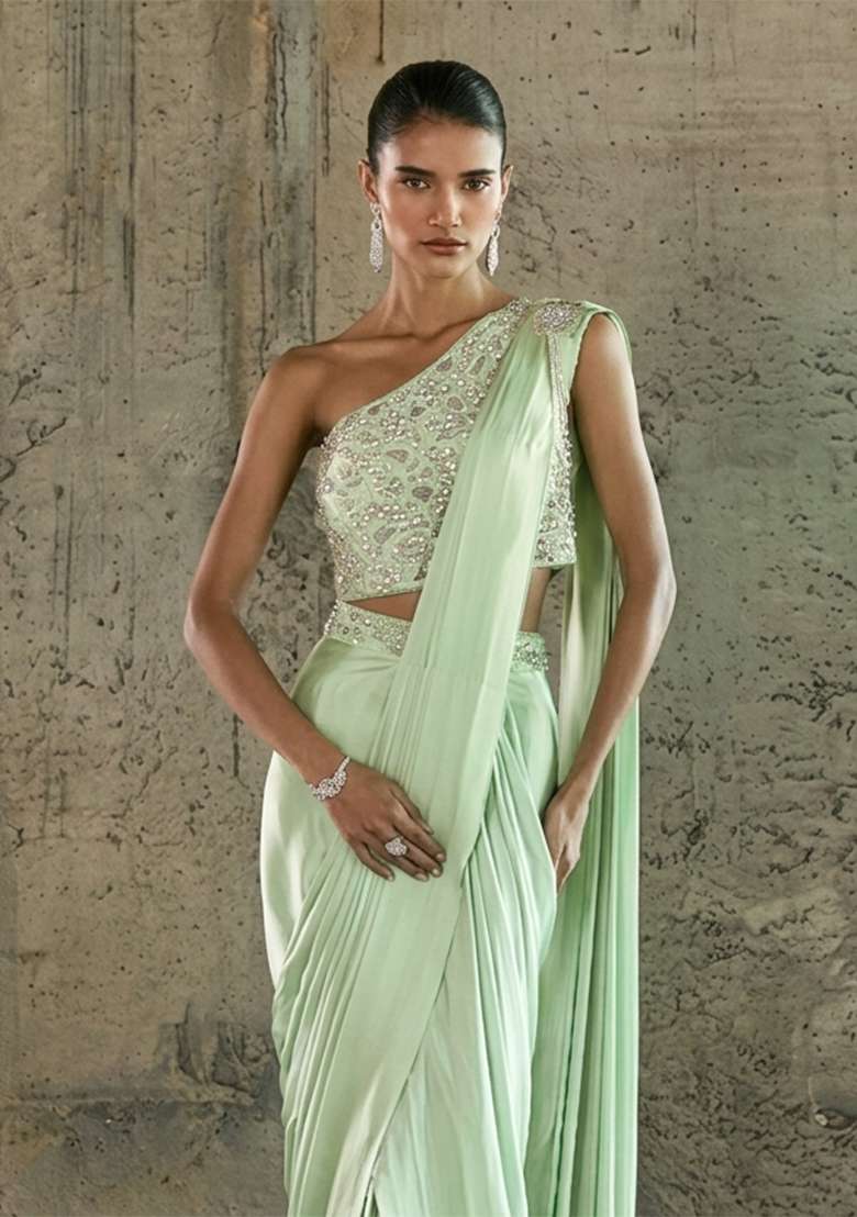 Mint Green Handwork Pre Draped Saree Set - Indya