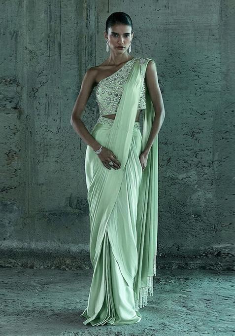 Mint Green Handwork Pre Draped Saree Set