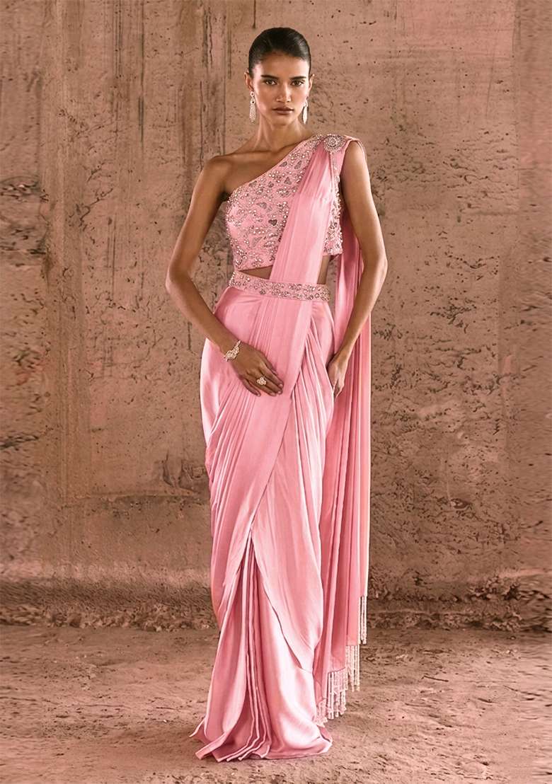Pink Handwork Pre Draped Saree Set - Indya