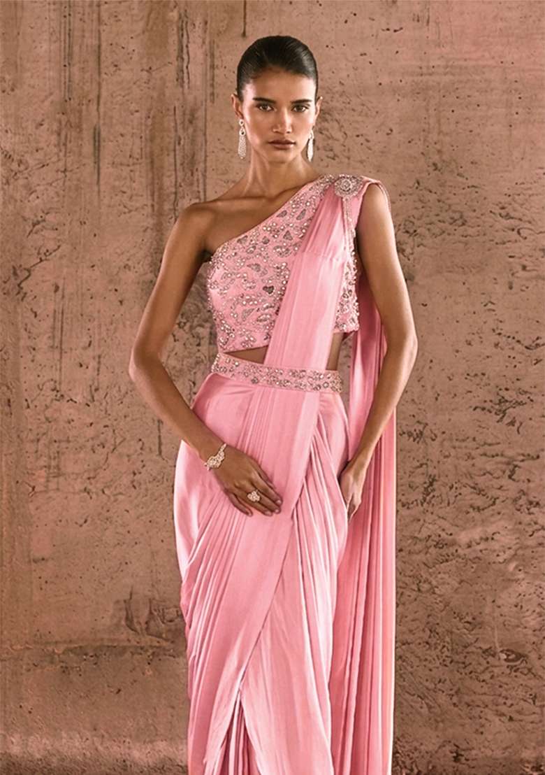 Pink Handwork Pre Draped Saree Set - Indya