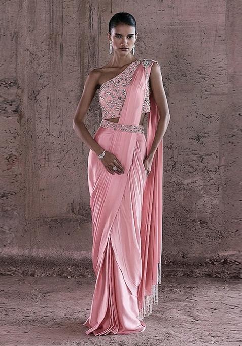 Pink Handwork Pre Draped Saree Set