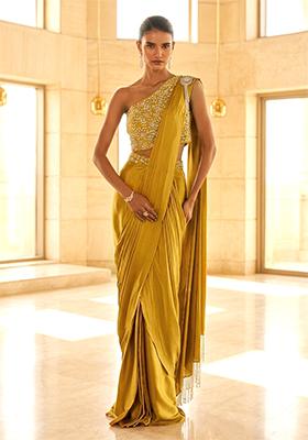 Mustard Yellow Handwork Pre Draped Saree Set