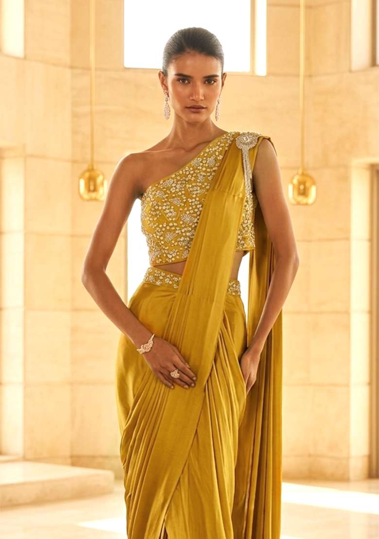 Mustard Yellow Handwork Pre Draped Saree Set - Indya