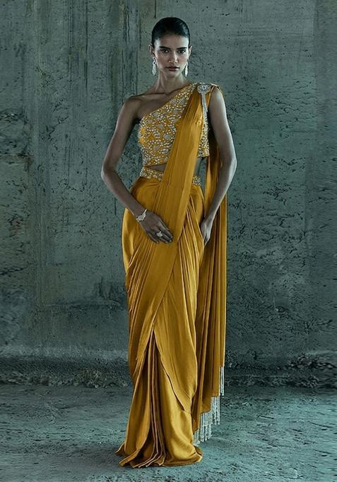 Mustard Yellow Handwork Pre Draped Saree Set