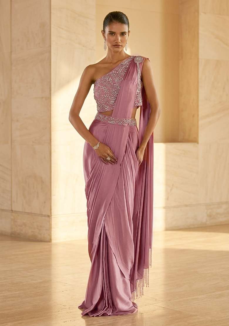 Pink Handwork Pre Draped Saree Set - Indya