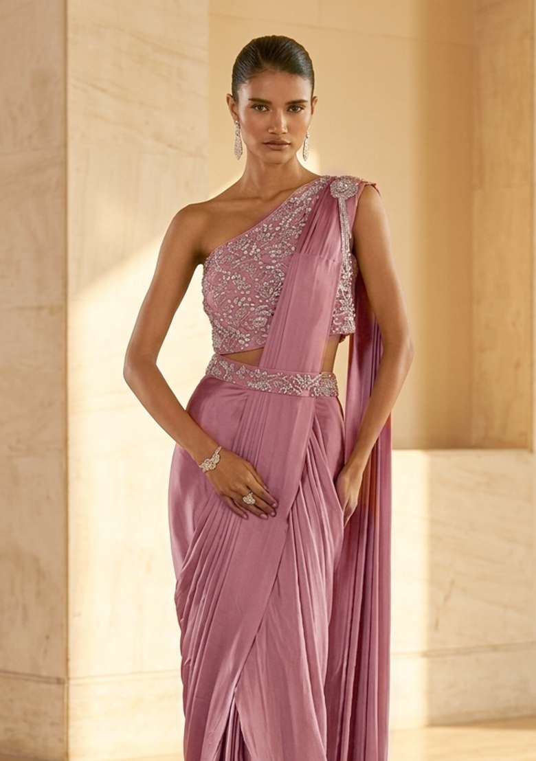 Pink Handwork Pre Draped Saree Set - Indya