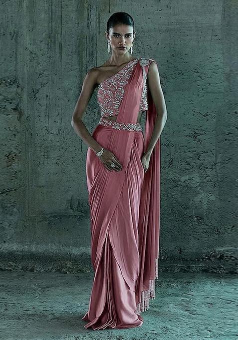 Pink Handwork Pre Draped Saree Set