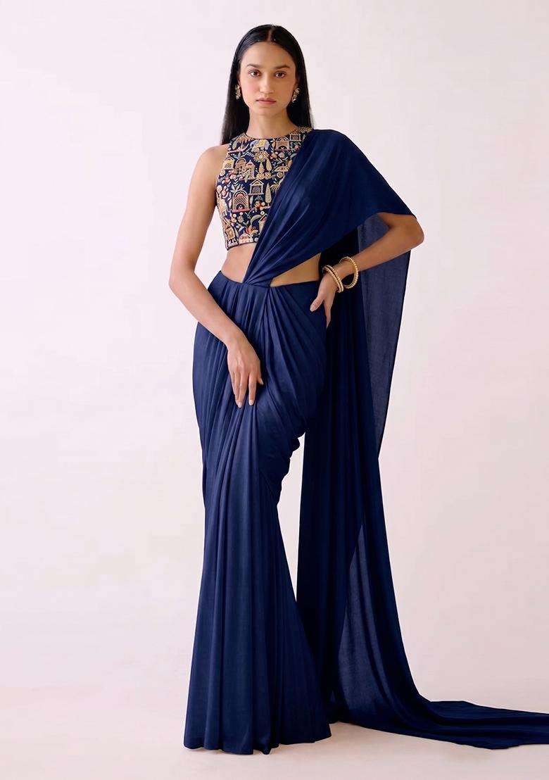 Navy Blue Embroidered Tissue Pre Draped Saree Set - Indya