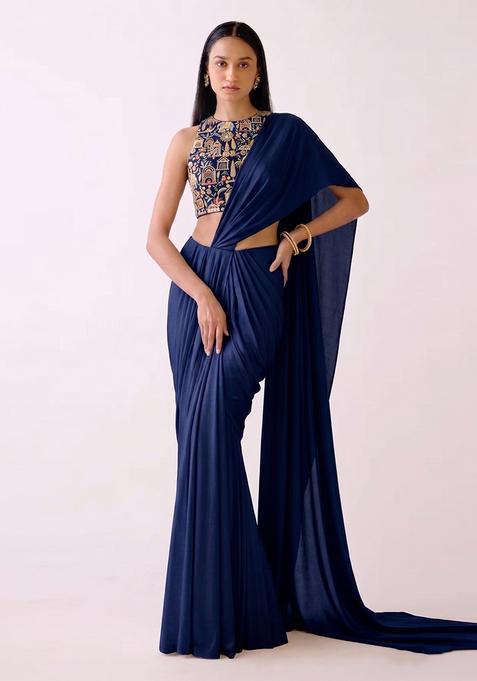 Navy Blue Embroidered Tissue Pre Draped Saree Set