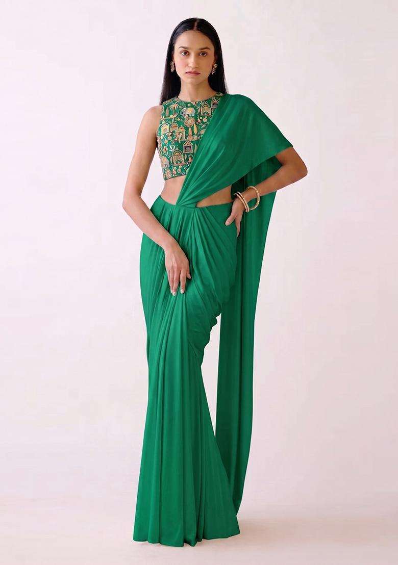 Green Embroidered Tissue Pre Draped Saree Set - Indya