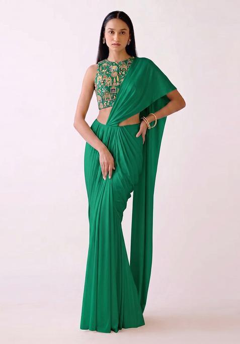 Green Embroidered Tissue Pre Draped Saree Set