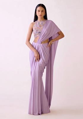 Lavender Purple Embroidered Tissue Pre Draped Saree Set