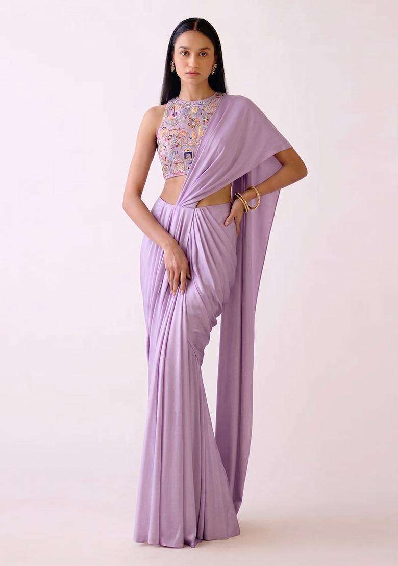 Lavender Purple Embroidered Tissue Pre Draped Saree Set - Indya