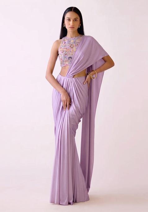 Lavender Purple Embroidered Tissue Pre Draped Saree Set