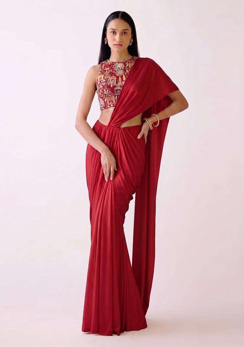 Crimson Red Embroidered Tissue Pre Draped Saree Set - Indya