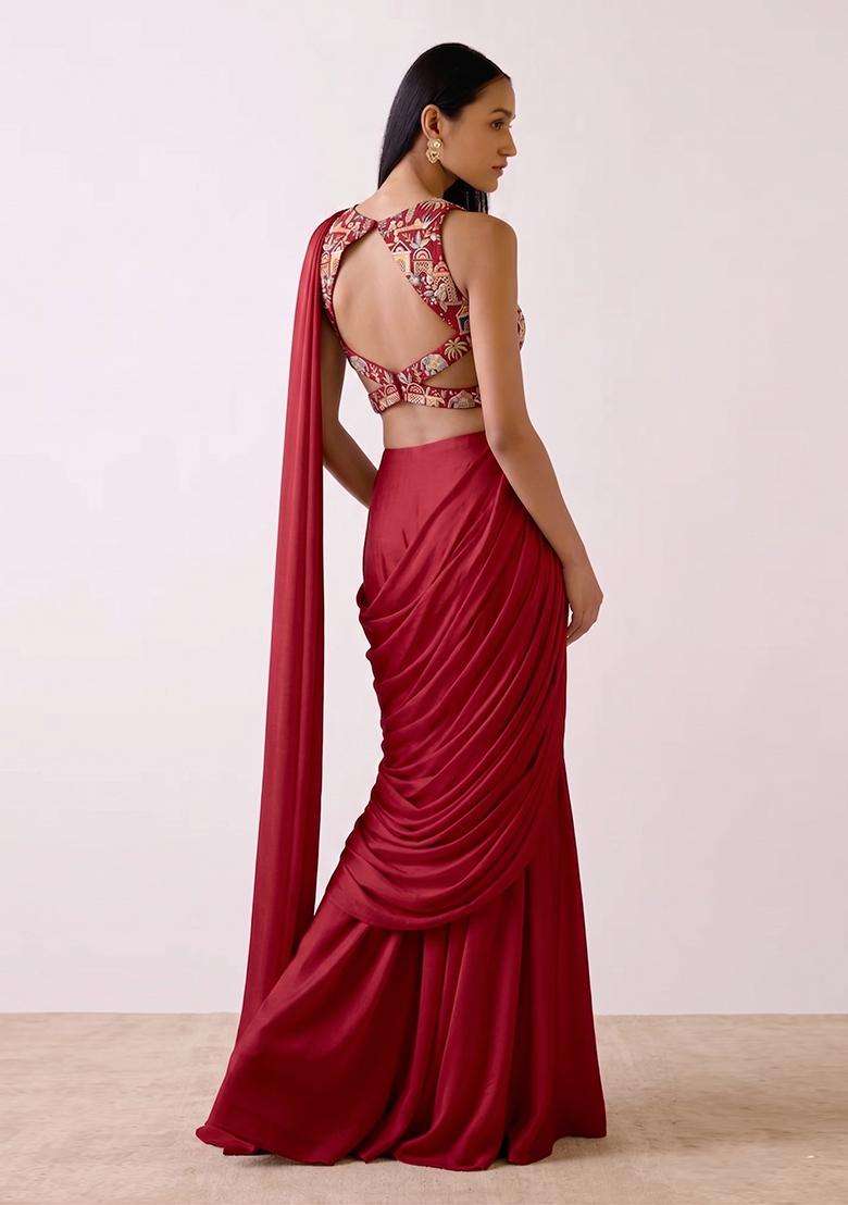 Crimson Red Embroidered Tissue Pre Draped Saree Set - Indya
