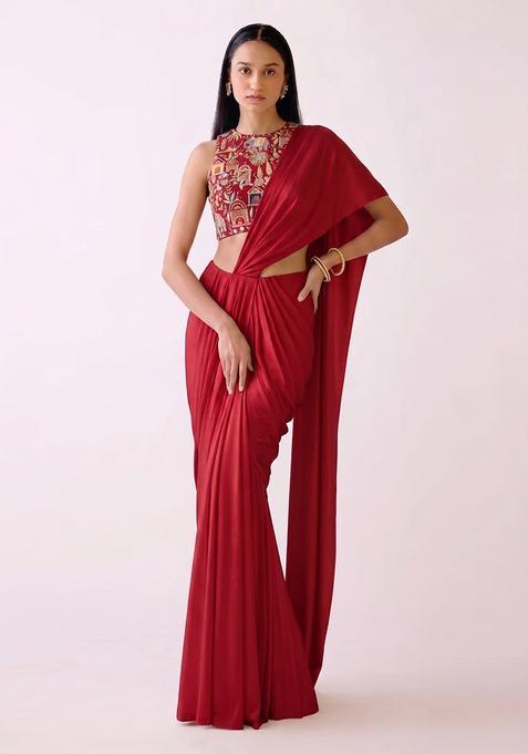 Crimson Red Embroidered Tissue Pre Draped Saree Set