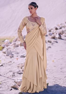 Champagne Beige Embroidered Tissue Pre Draped Saree Set