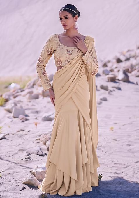 Champagne Beige Embroidered Tissue Pre Draped Saree Set