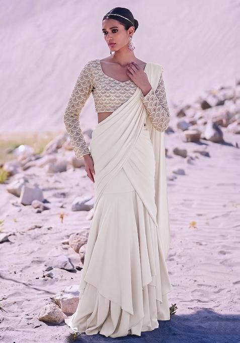 Off-White Sequin Net Pre Draped Saree Set